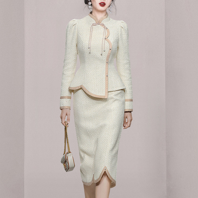 パーティードレス 配色パイピングツイードジャケット風セットアップワンピース