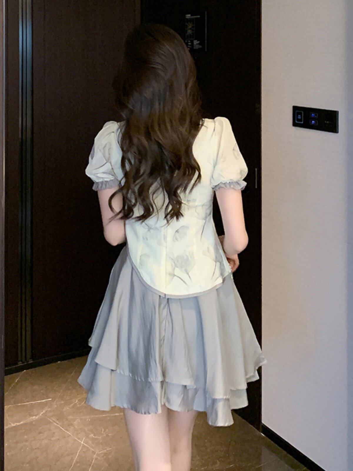 パーティードレス チャイナ風ボタン装飾シフォンフレアワンピース