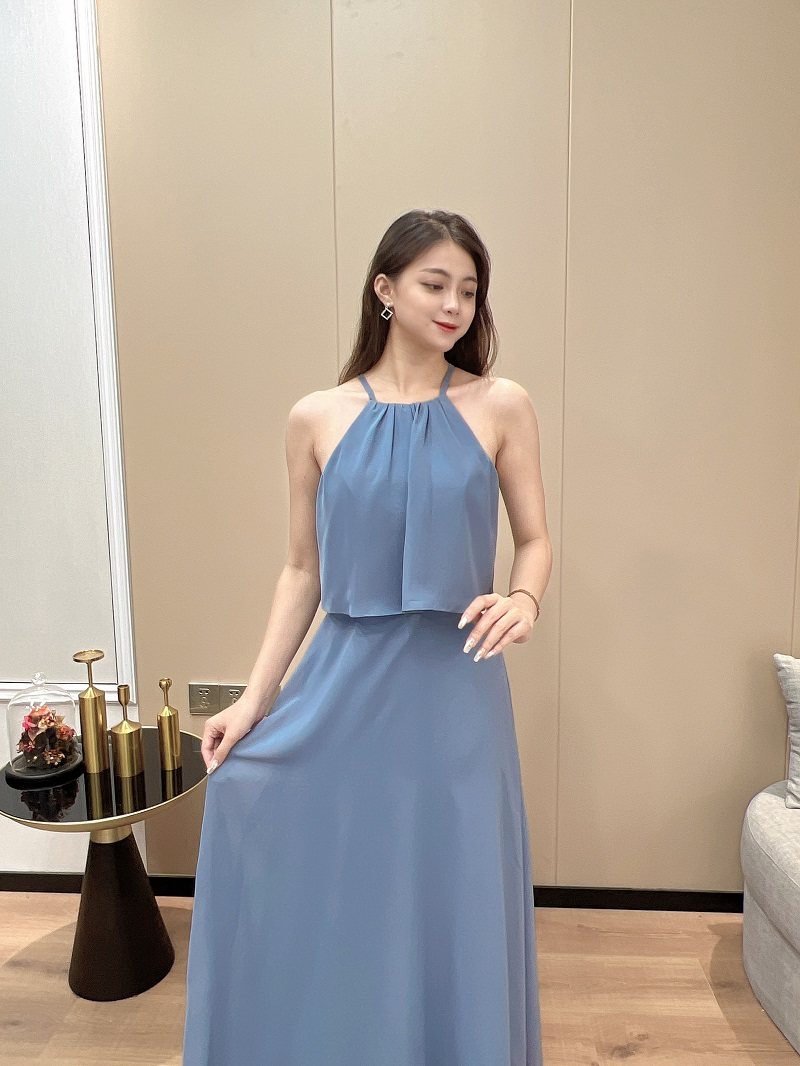 パーティードレス ホルターネック風深Vネックロング丈ワンピース