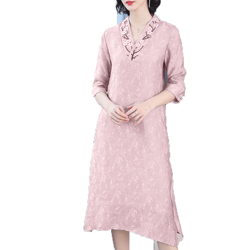 パーティードレス 刺繍襟元が華やぐ七分袖ミディ丈ワンピース