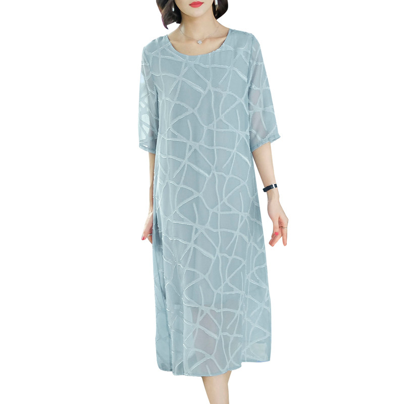 パーティードレス 幾何学模様シフォン五分袖ロングワンピース