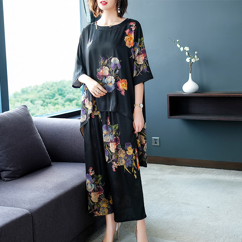 パーティードレス 華麗な花柄刺繍の七分袖ゆったりロングワンピース