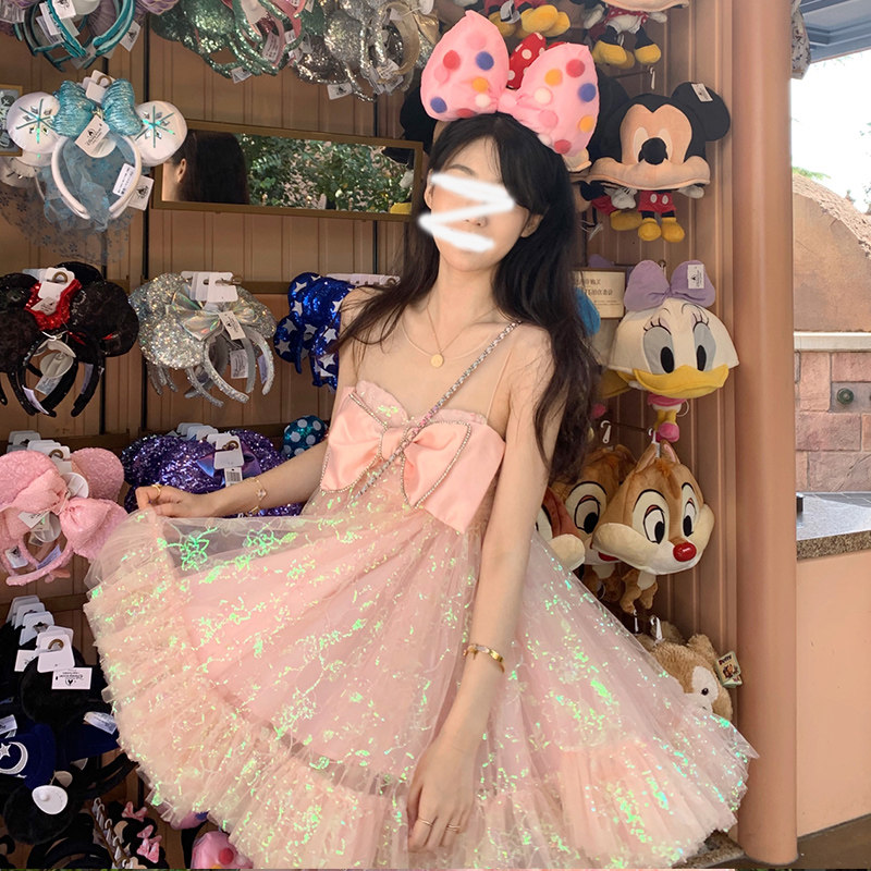 パーティードレス 大きなリボンとスパンコール輝く姫系チュールワンピース