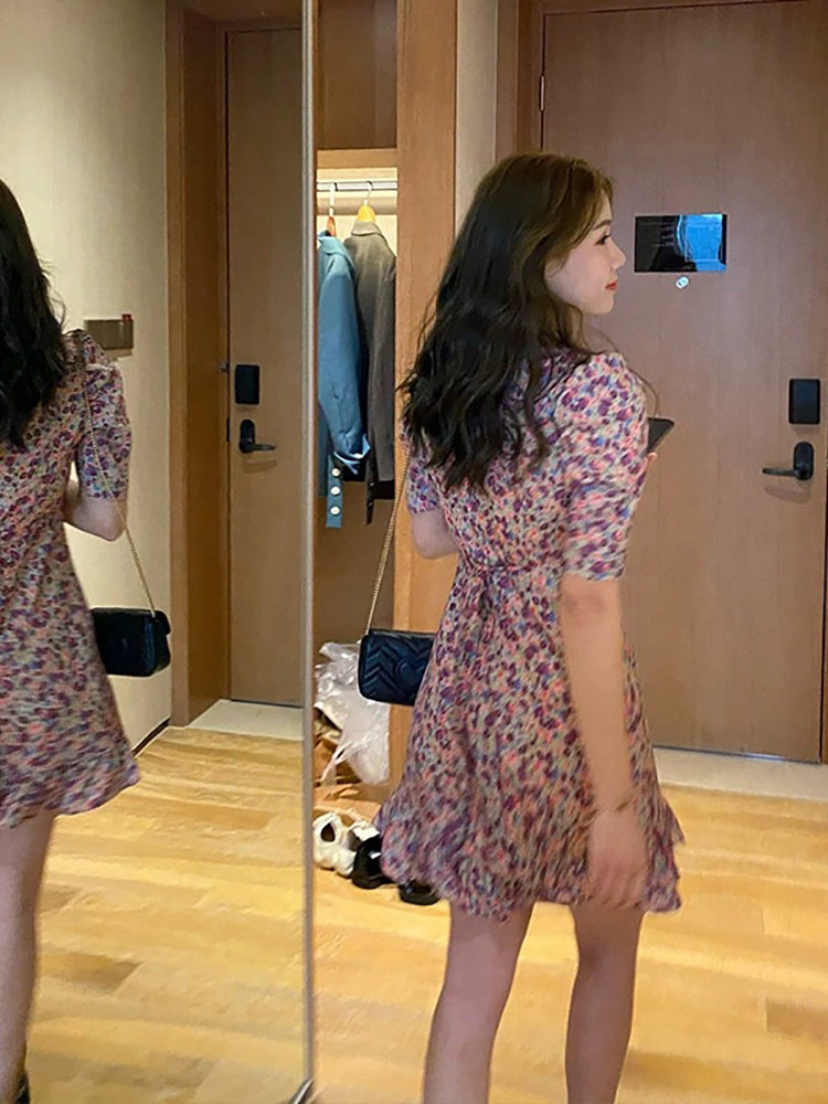 パーティードレス 小花柄シフォン裾フリル半袖ワンピース