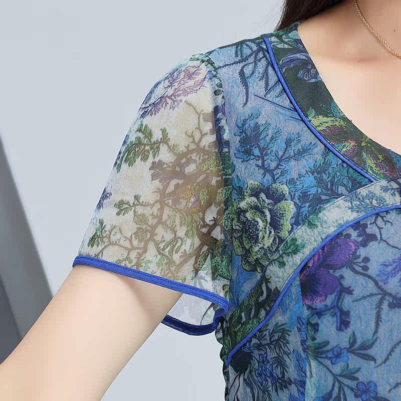 パーティードレス 花柄透け感シフォン半袖膝丈ワンピース