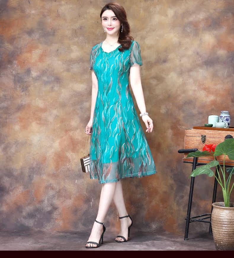 パーティードレス 波模様シフォン重ね襟付き半袖膝丈ワンピース