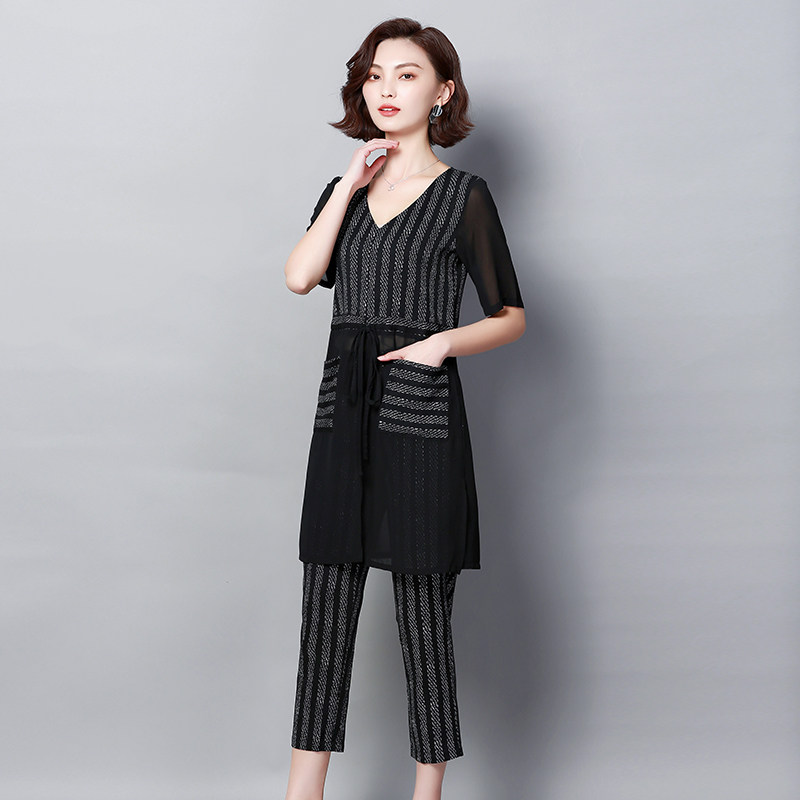 パーティードレス 透け感シフォン袖チュニック風パンツセットアップ