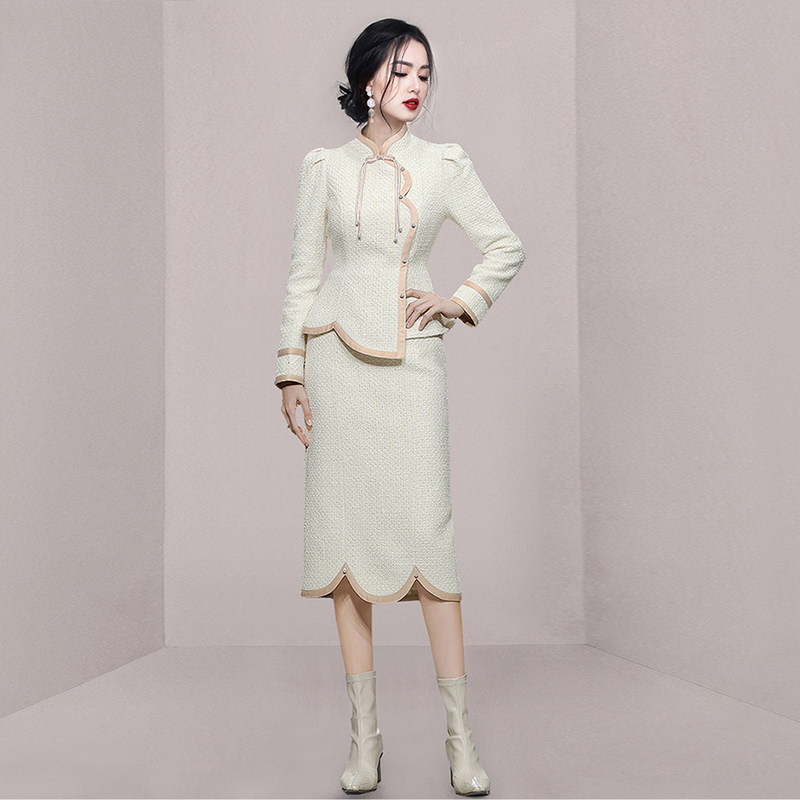 パーティードレス 配色パイピングツイードジャケット風セットアップワンピース