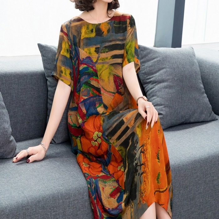 パーティードレス 絵画風抽象柄ゆったりシルエット半袖ワンピース