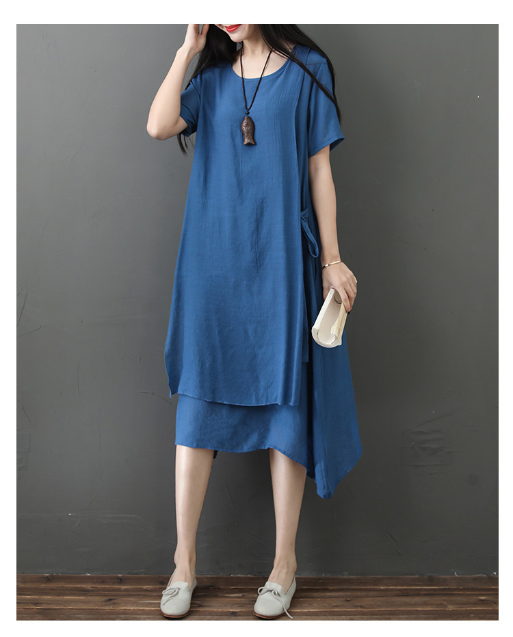 パーティードレス 二重仕立てアシンメトリー裾麻混ゆったりワンピース