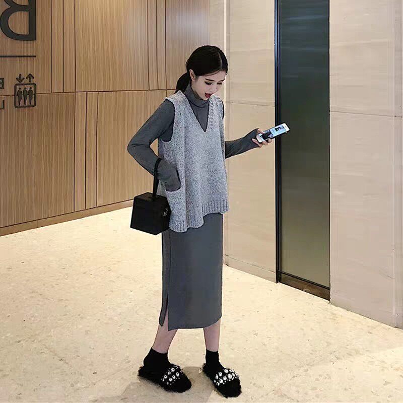 パーティードレス ニットベスト重ね着風タートルネックワンピース