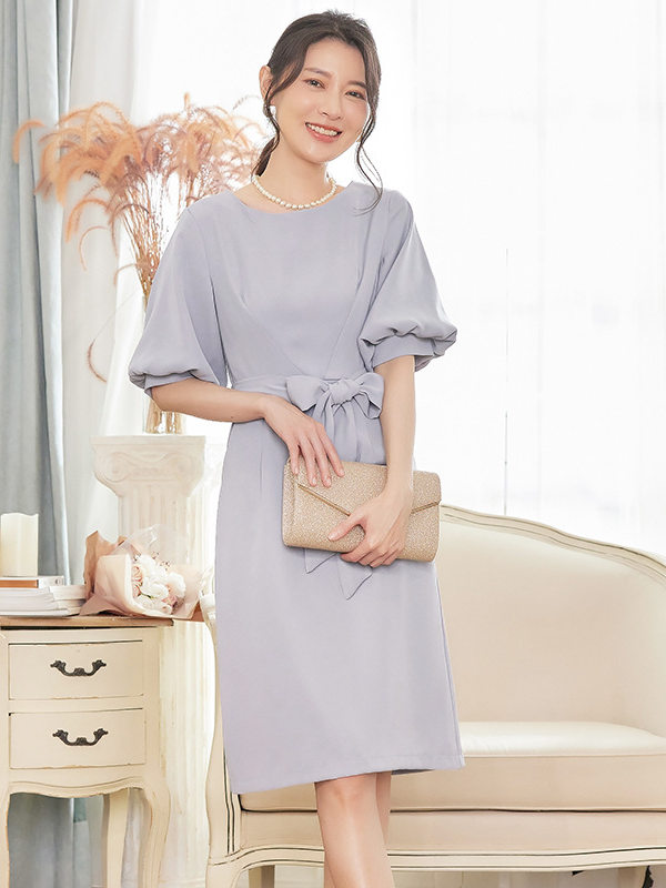 パーティードレス パール付きフレア袖ウエストリボンワンピース