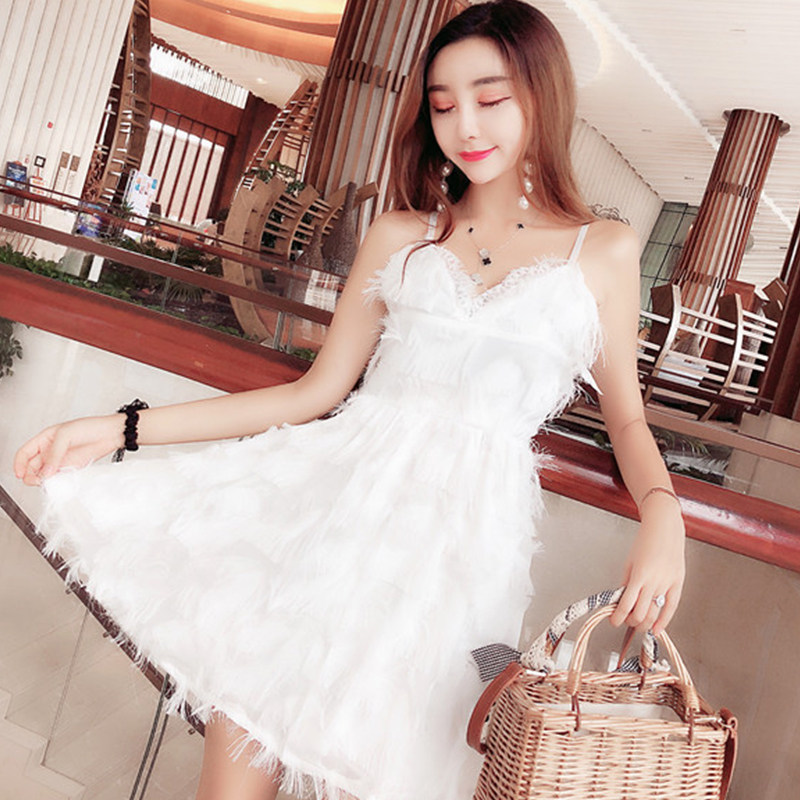 パーティードレス フェザー装飾キャミソール膝丈ワンピース