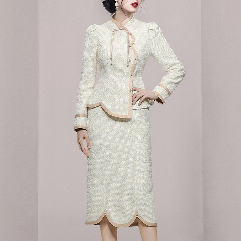 パーティードレス 配色パイピングツイードジャケット風セットアップワンピース