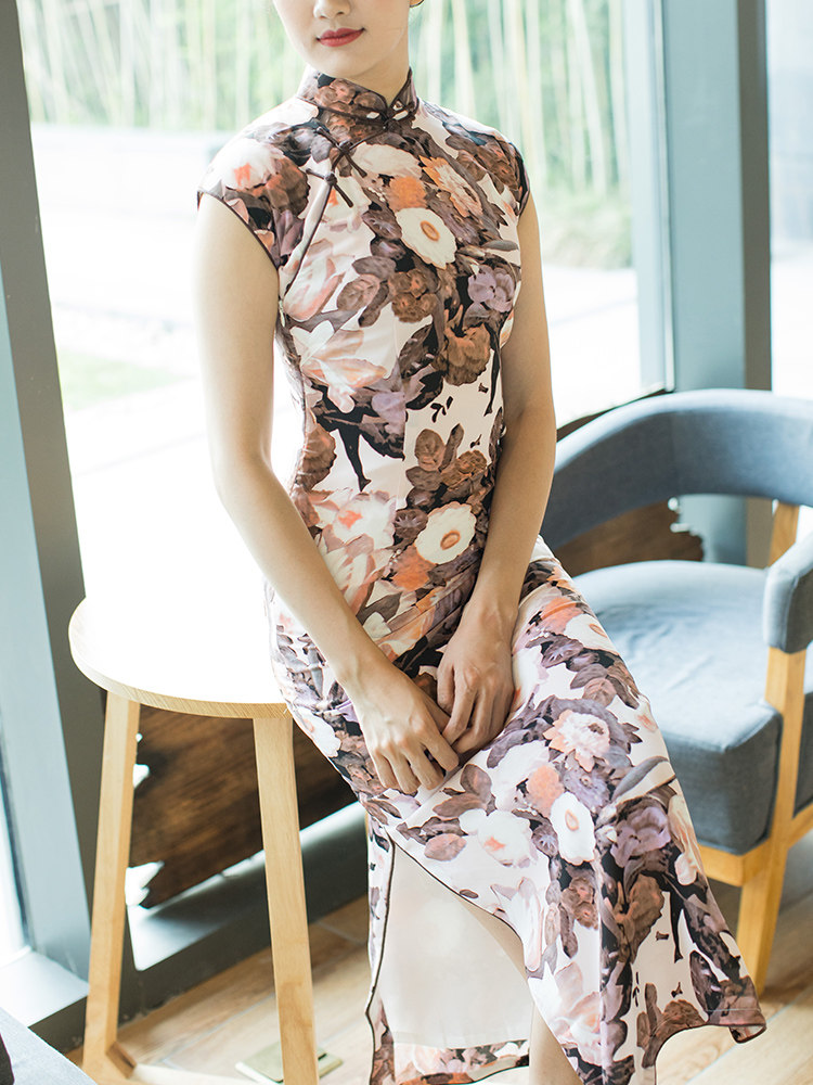 パーティードレス 花柄チャイナ風スタンドカラーロングワンピース