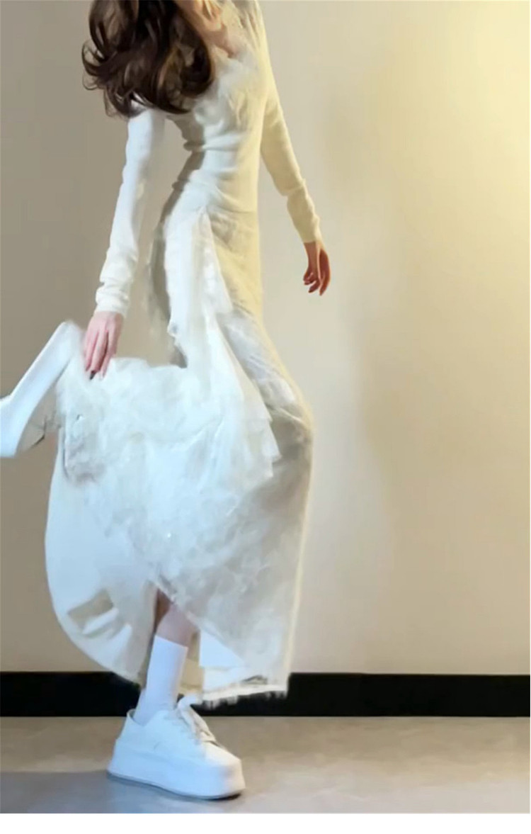 パーティードレス 長袖チュール切替マーメイドラインワンピース