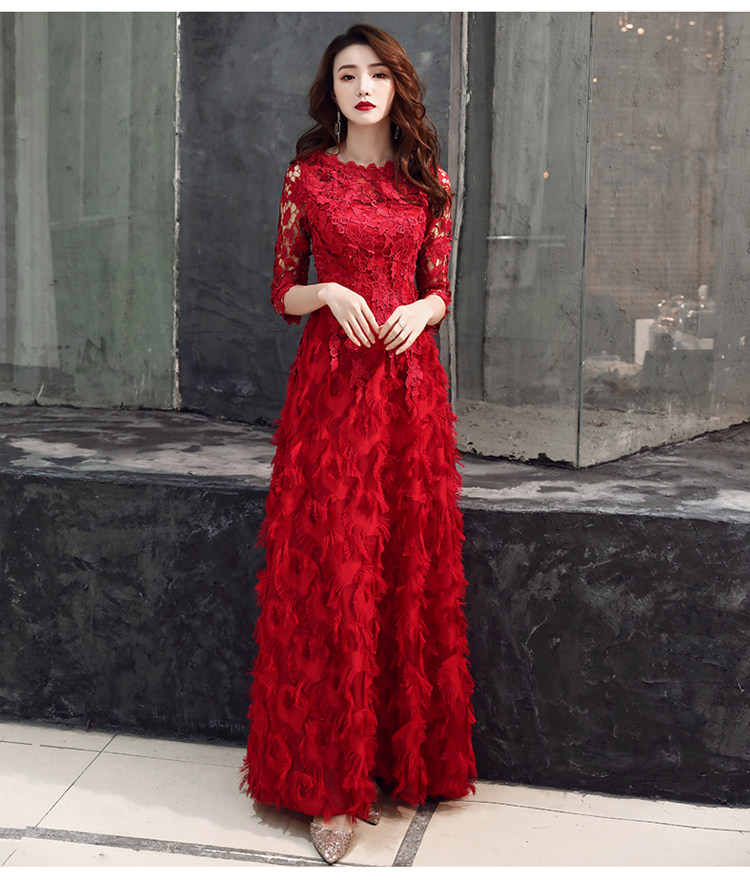 パーティードレス 立体フラワー刺繍レース七分袖ロングドレス