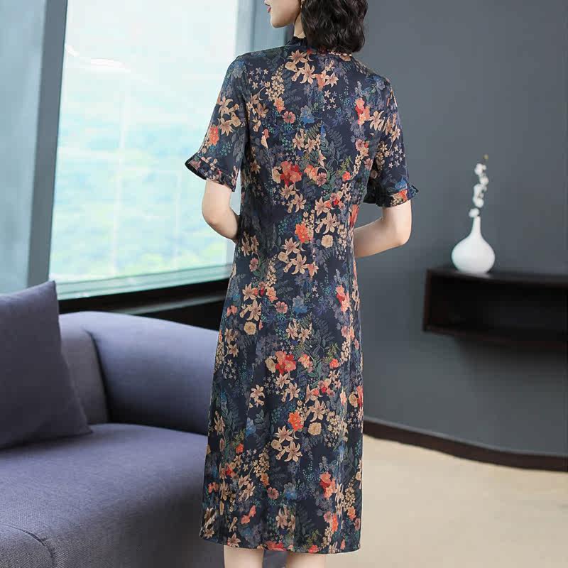 パーティードレス レトロ花柄シフォン五分袖リボン付きワンピース