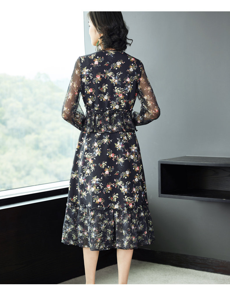 パーティードレス 小花柄シフォンリボンネック長袖ワンピース