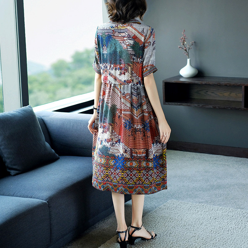 パーティードレス 民族調幾何学模様ブイネックゆったりワンピース