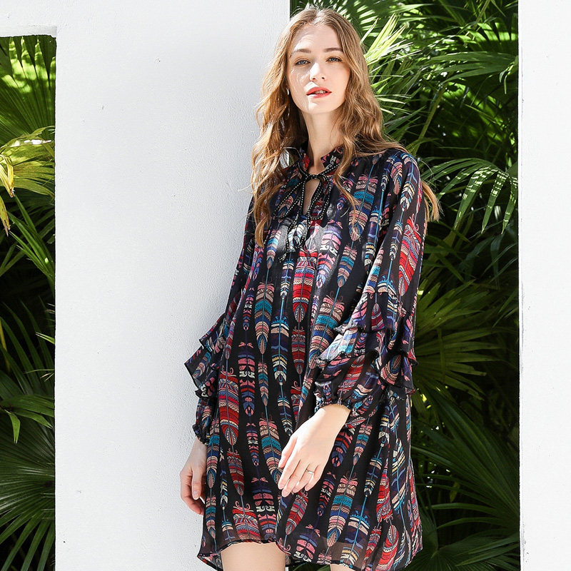 パーティードレス エスニック羽根柄フリル袖シフォンワンピース