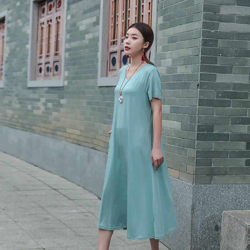 パーティードレス ゆったり半袖Vネックミディ丈ワンピース