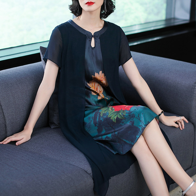 パーティードレス 大輪花柄シフォン切替半袖膝丈ワンピース