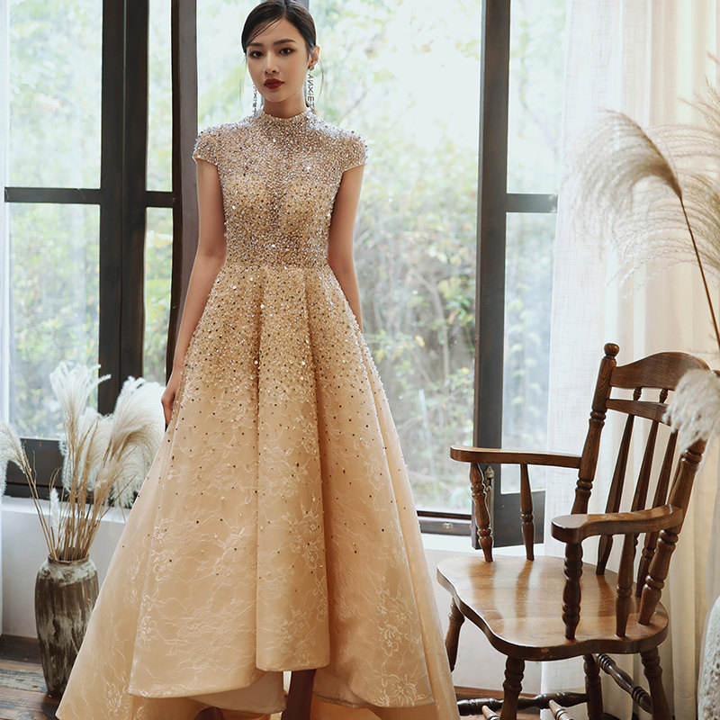 パーティードレス スパンコール刺繍ハイネックロング丈ワンピース