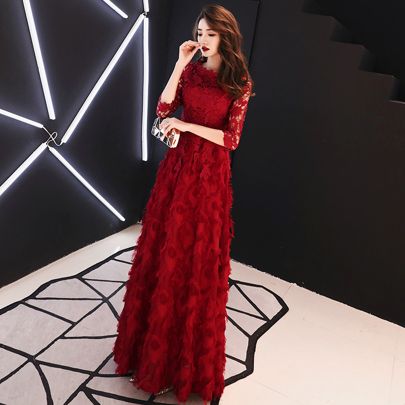 パーティードレス 立体フラワー刺繍レース七分袖ロングドレス