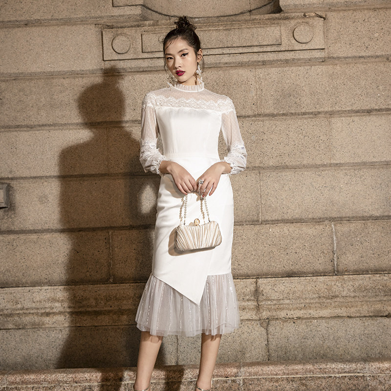 パーティードレス シアーレース切替マーメイドミモレ丈ワンピース