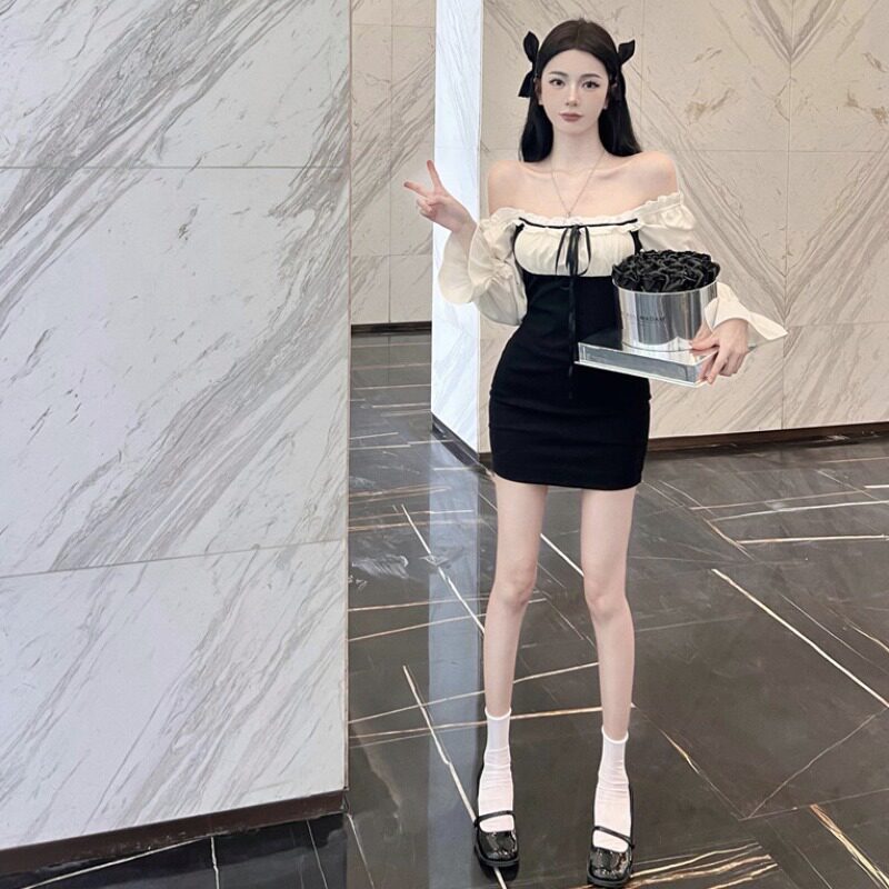 パーティードレス オフショルダーバルーンスリーブミニ丈ワンピース