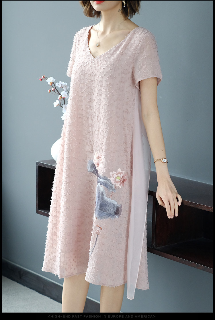 パーティードレス 花鳥刺繍シフォン重ね襟付きワンピース