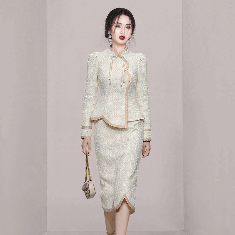 パーティードレス 配色パイピングツイードジャケット風セットアップワンピース