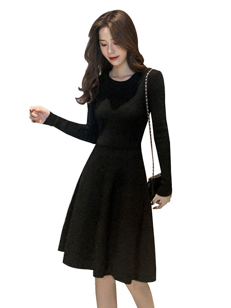 パーティードレス 上品な長袖フィット&フレア膝丈ワンピース