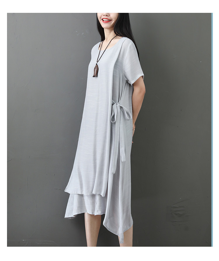 パーティードレス 二重仕立てアシンメトリー裾麻混ゆったりワンピース