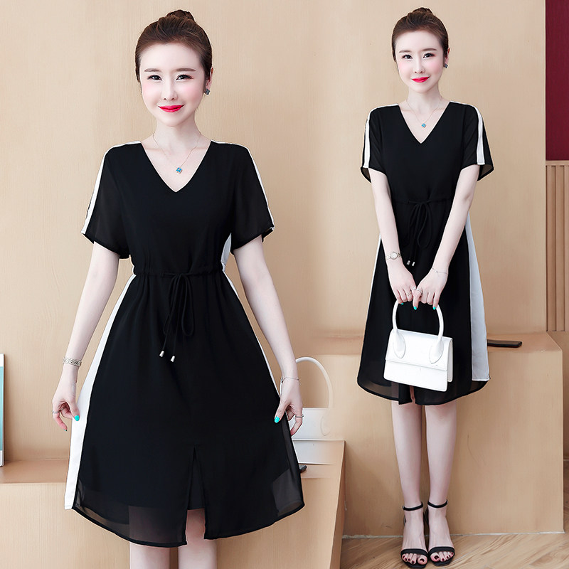 パーティードレス 袖ライン配色ウエストリボン付きブイネックワンピース