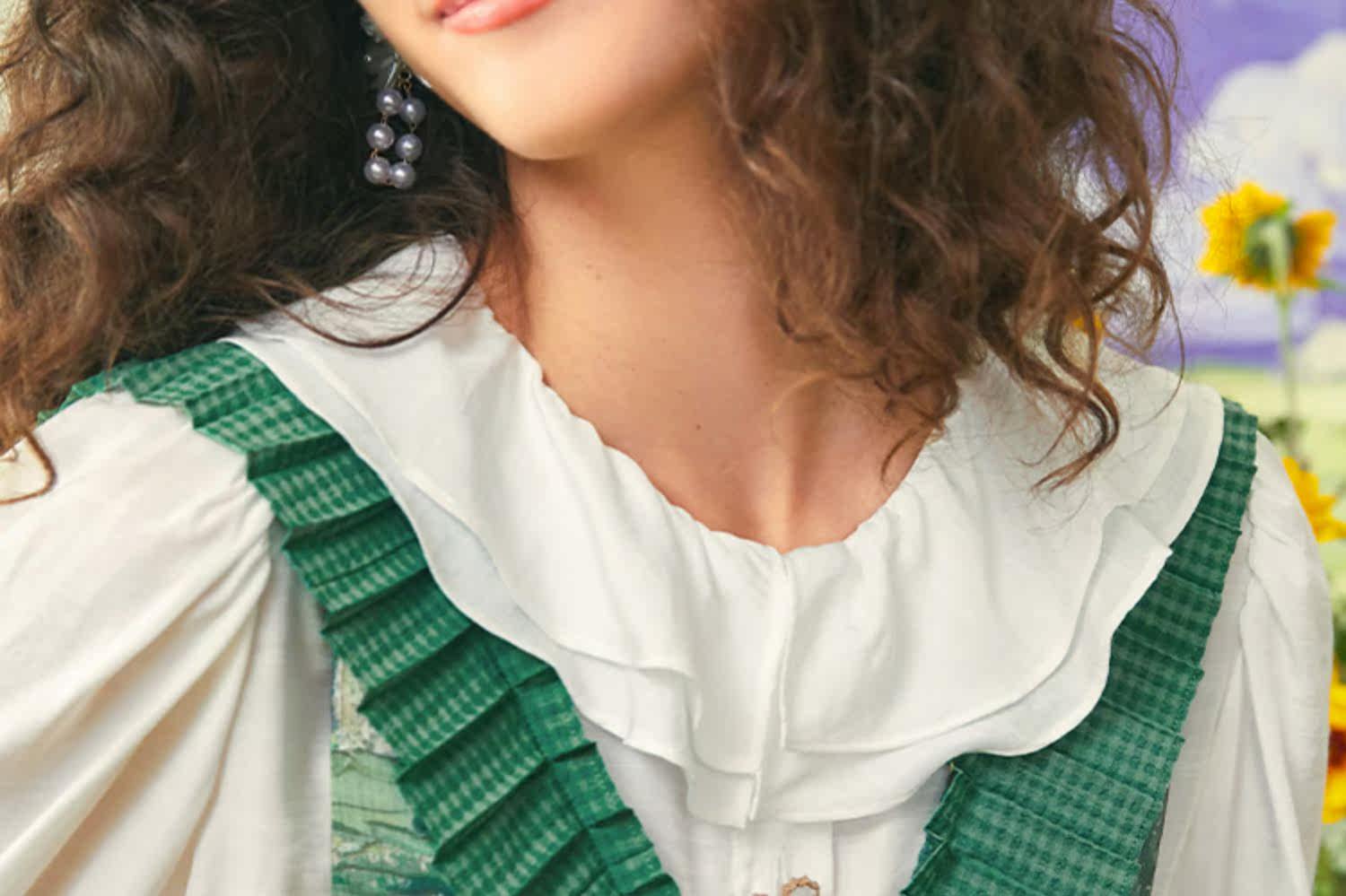 パーティードレス 花柄レース切替プリーツフリルベスト付きワンピース