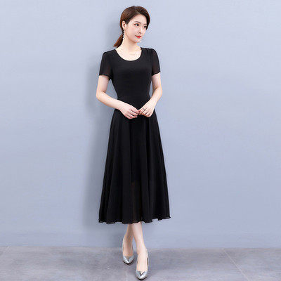 パーティードレス パフスリーブ丸首フレア裾ミモレ丈ワンピース