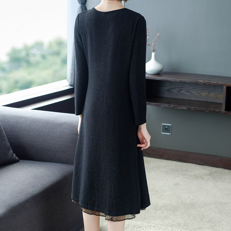 パーティードレス 異素材切替えリボンデザイン長袖ワンピース