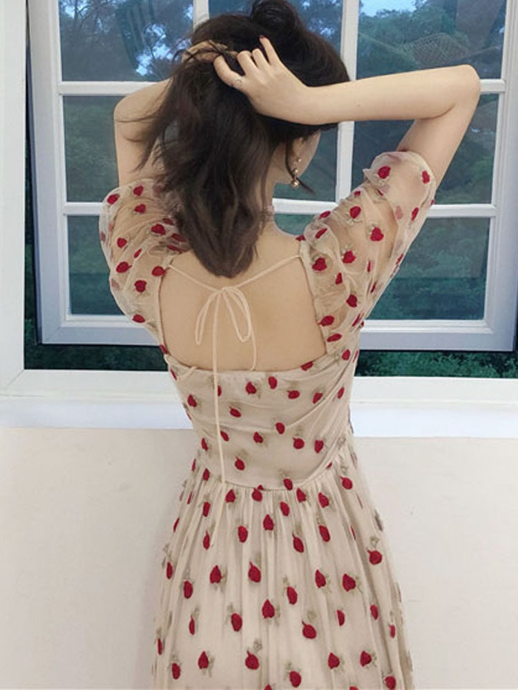 パーティードレス 小花柄刺繍パフスリーブシアーロングワンピース