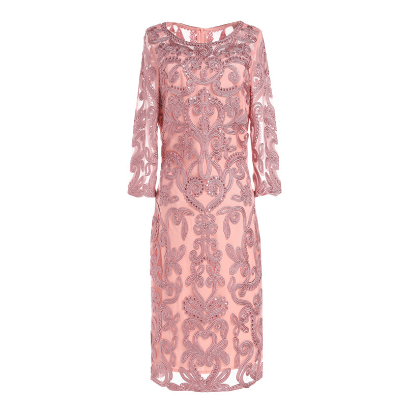 パーティードレス 豪華刺繍レース七分袖タイトワンピース