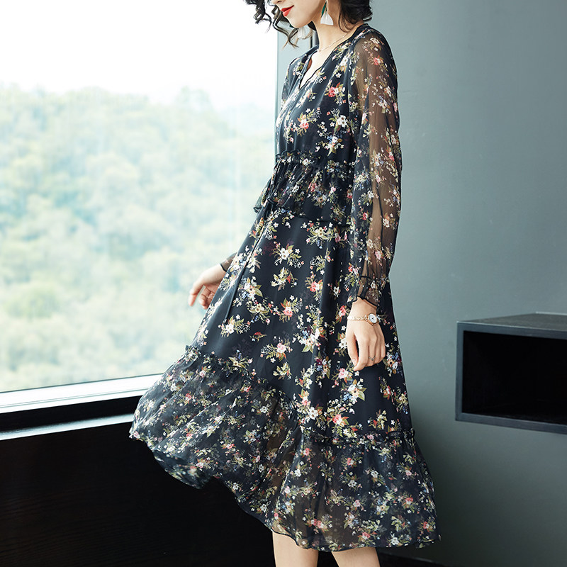 パーティードレス 小花柄シフォンリボンネック長袖ワンピース