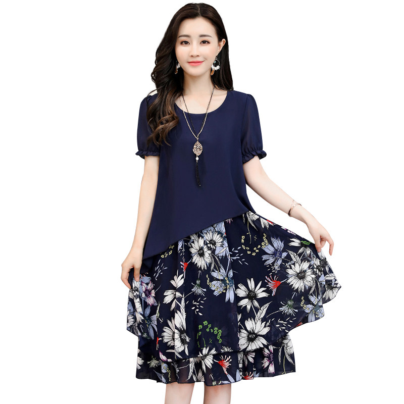 パーティードレス 花柄切替レイヤード風半袖ワンピース