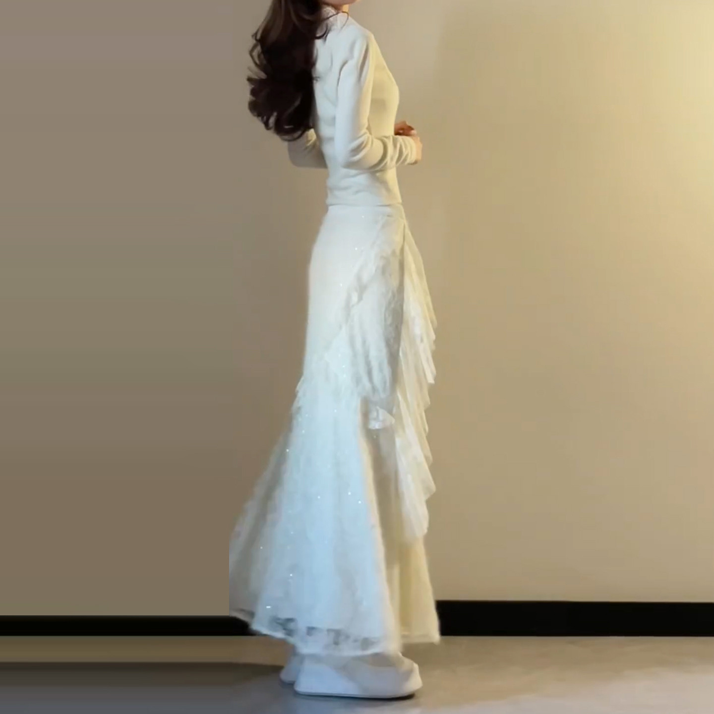 パーティードレス 長袖チュール切替マーメイドラインワンピース