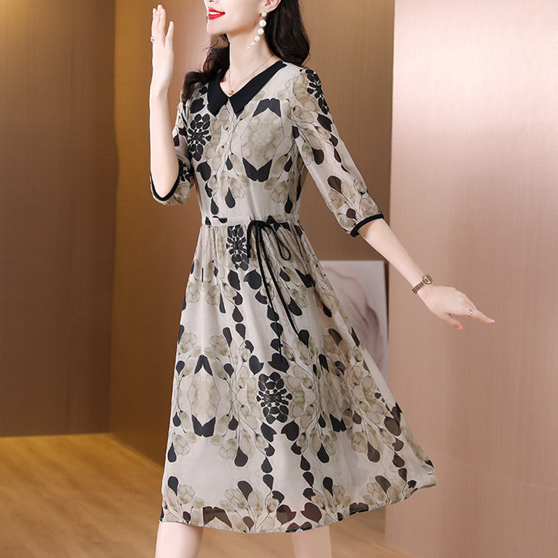 パーティードレス 大人の花柄シフォン五分袖ウエストリボンワンピース