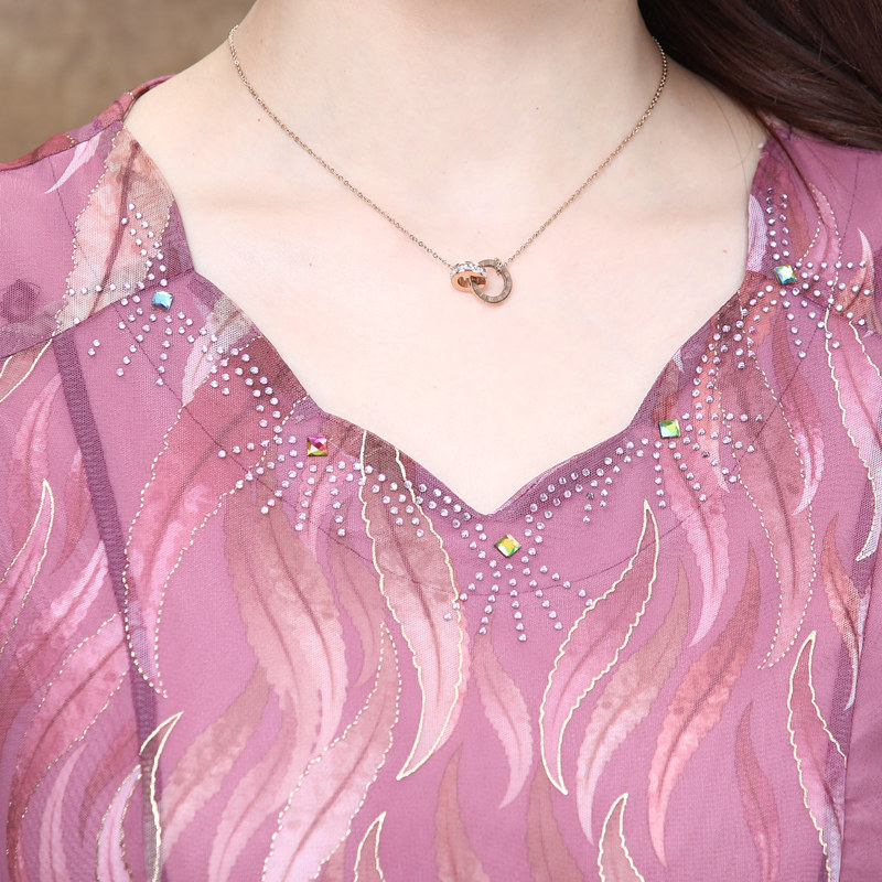 パーティードレス 波模様シフォン重ね襟付き半袖膝丈ワンピース