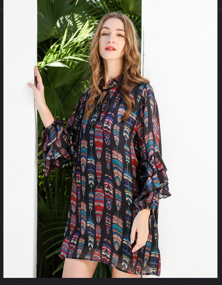 パーティードレス エスニック羽根柄フリル袖シフォンワンピース