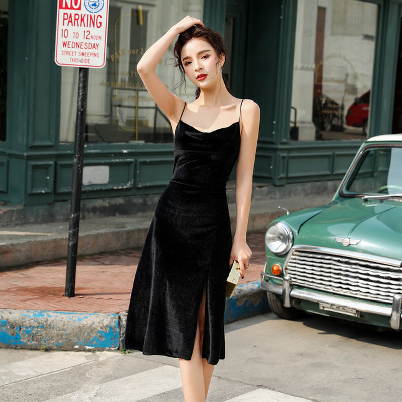 パーティードレス ベルベット素材サイドスリット入りキャミソールワンピース