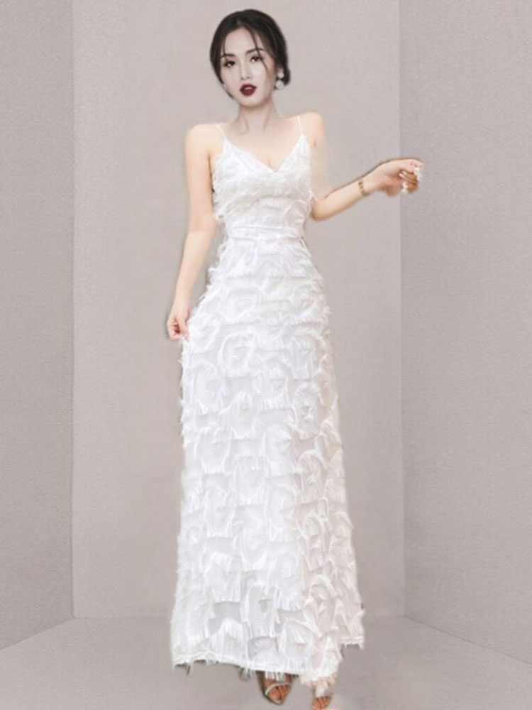 パーティードレス 立体フリンジ装飾キャミソール丈長ワンピース