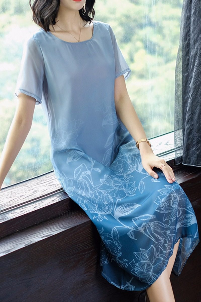 パーティードレス 花柄刺繍シフォン袖切替ゆったりシルエットワンピース